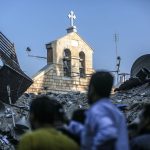 GAZA CITY, GAZA - OCTOBER 20: A view of the damaged historical Greek Orthodox Saint Porphyrius Church, where civilians took shelter, after Israeli airstrike in Gaza City, Gaza on October 20, 2023. At least eight people were killed in an overnight Israeli airstrike on the Greek Orthodox Saint Porphyrius Church in Gaza city, which was sheltering hundreds of Palestinians, local media reported on Friday. Civil defense teams and residents continue search and rescue efforts in the church. (Photo by Ali Jadallah/Anadolu via Getty Images)